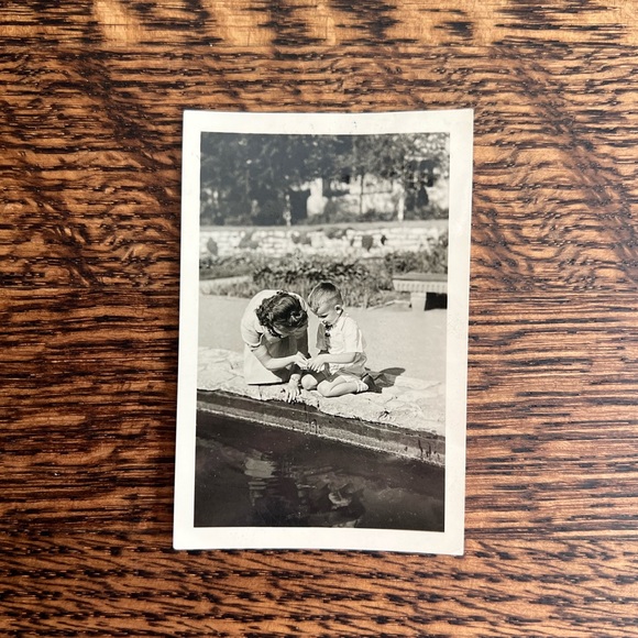 Siblings by the Fountain, Black and White Vintage Photograph, Original Photo